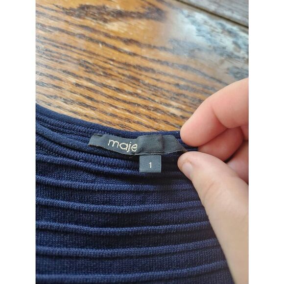 Maje Royaume Striped Navy Blue Stretch-Knit Knee Length Dress sz 1 (Small) - Picture 3 of 5